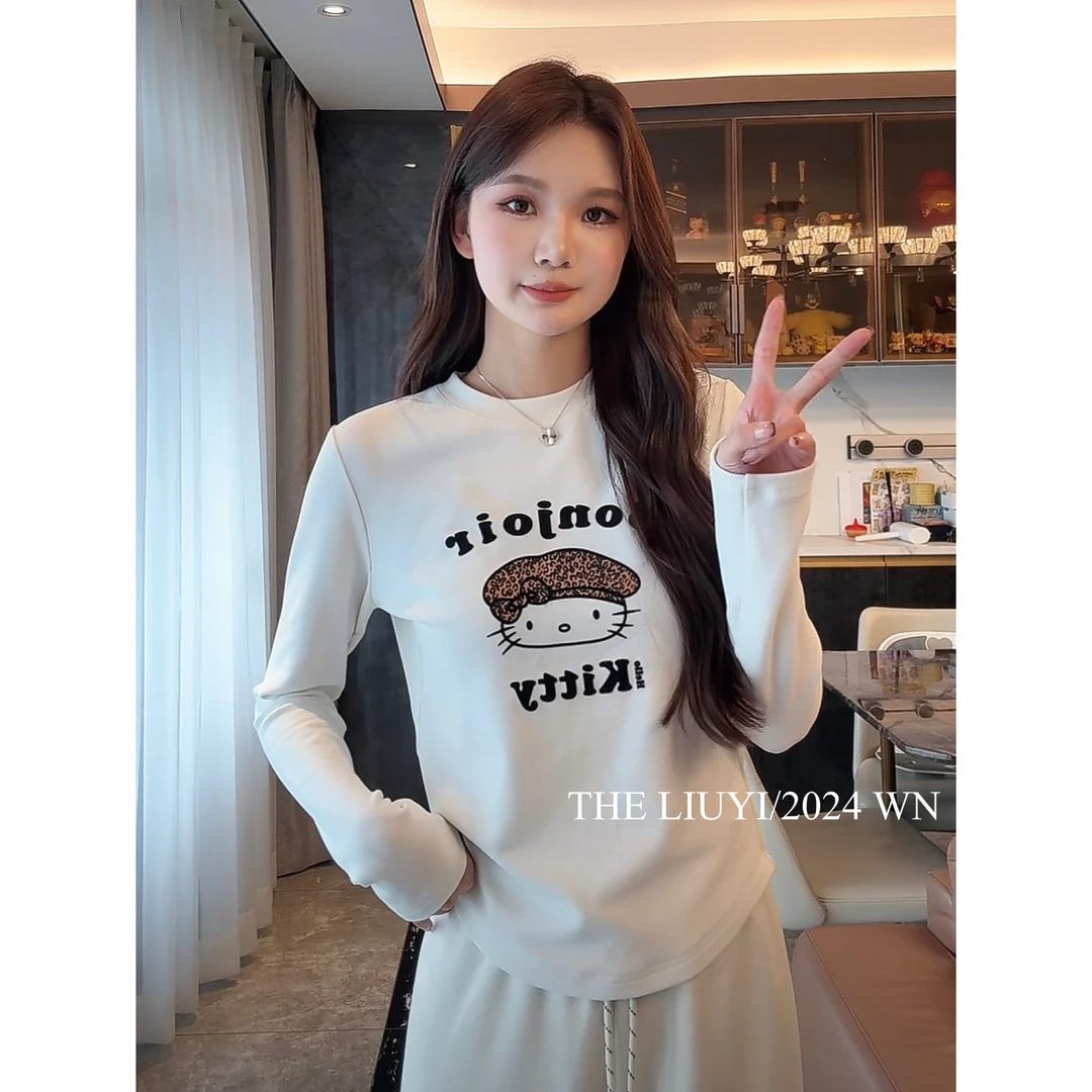 【LIUYI】豹纹kt~冬季双面德绒加绒加厚字母T恤411093