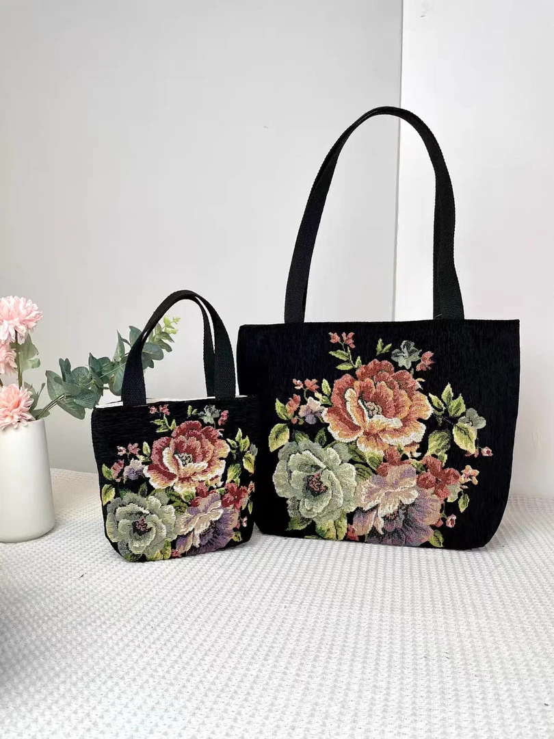 黑牡丹提花刺绣休闲时尚百搭文艺帆布单肩包收纳包1