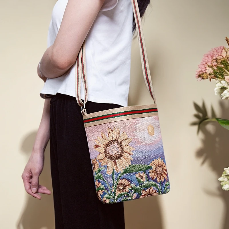 【斜挎 向日葵】帆布包提花刺绣手机包便携单肩小布包文艺百搭