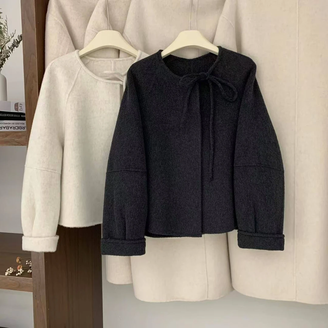 领结高支廓形双面羊毛大衣（建议干洗）