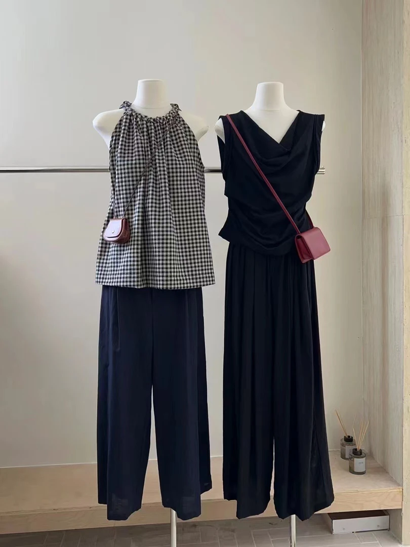 走秀纸片人麻背心挂脖上衣