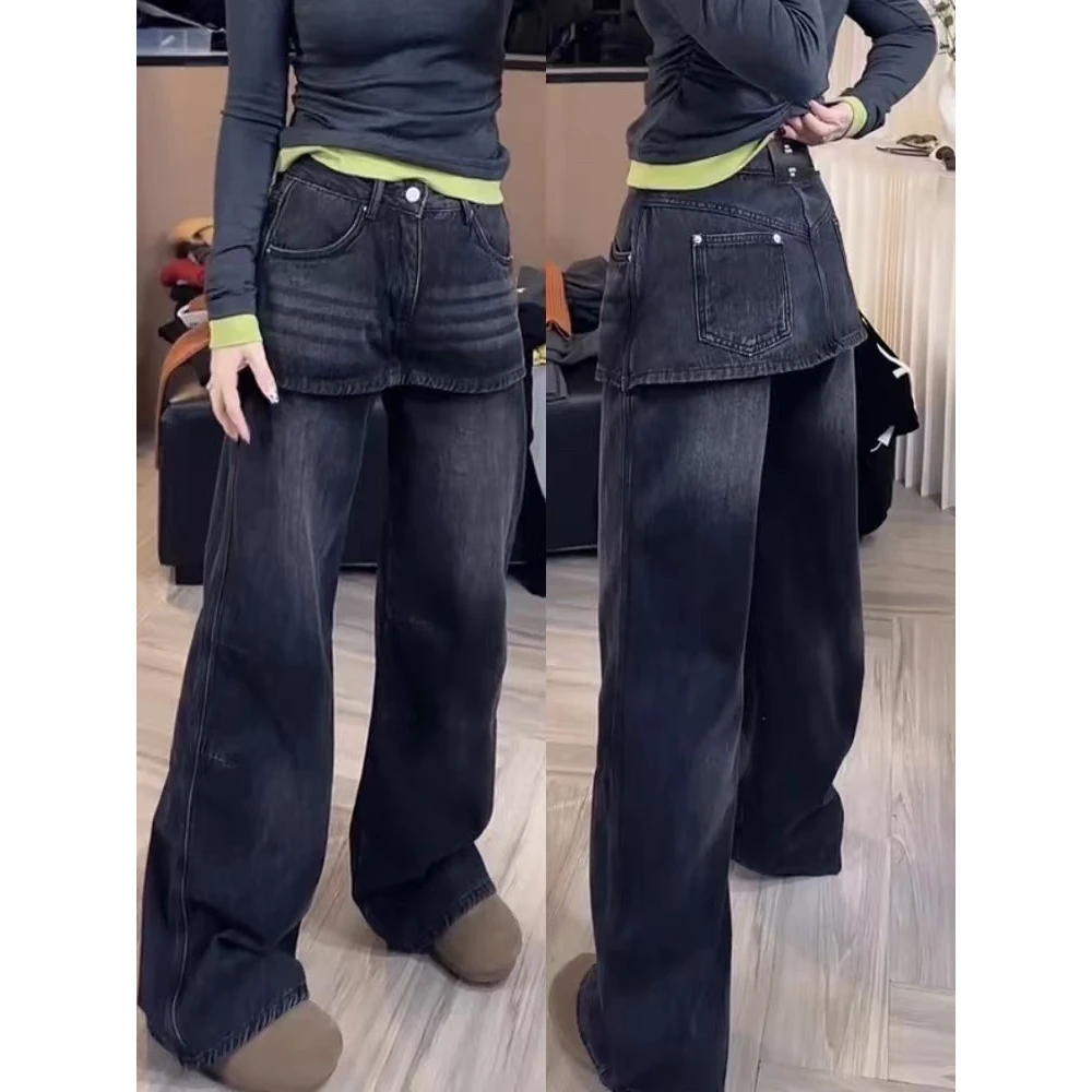复古假两件阔腿牛仔裤女2024秋冬新款时尚百搭高腰显瘦直筒休闲裤