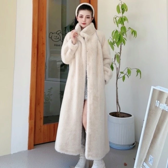 长款秋冬貂绒风衣外套过膝韩版立领冬季加厚女士宽松保暖