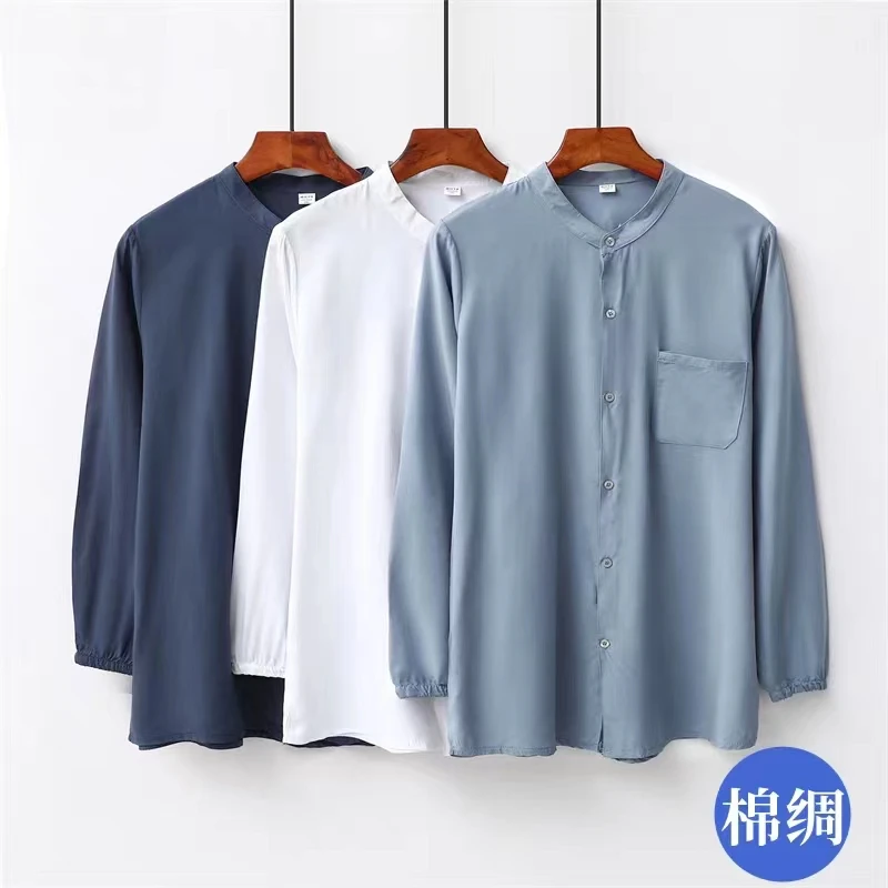 男士长袖春夏百搭绵绸衬衫夏季薄款宽松棉绸立领空调服晨练服大码