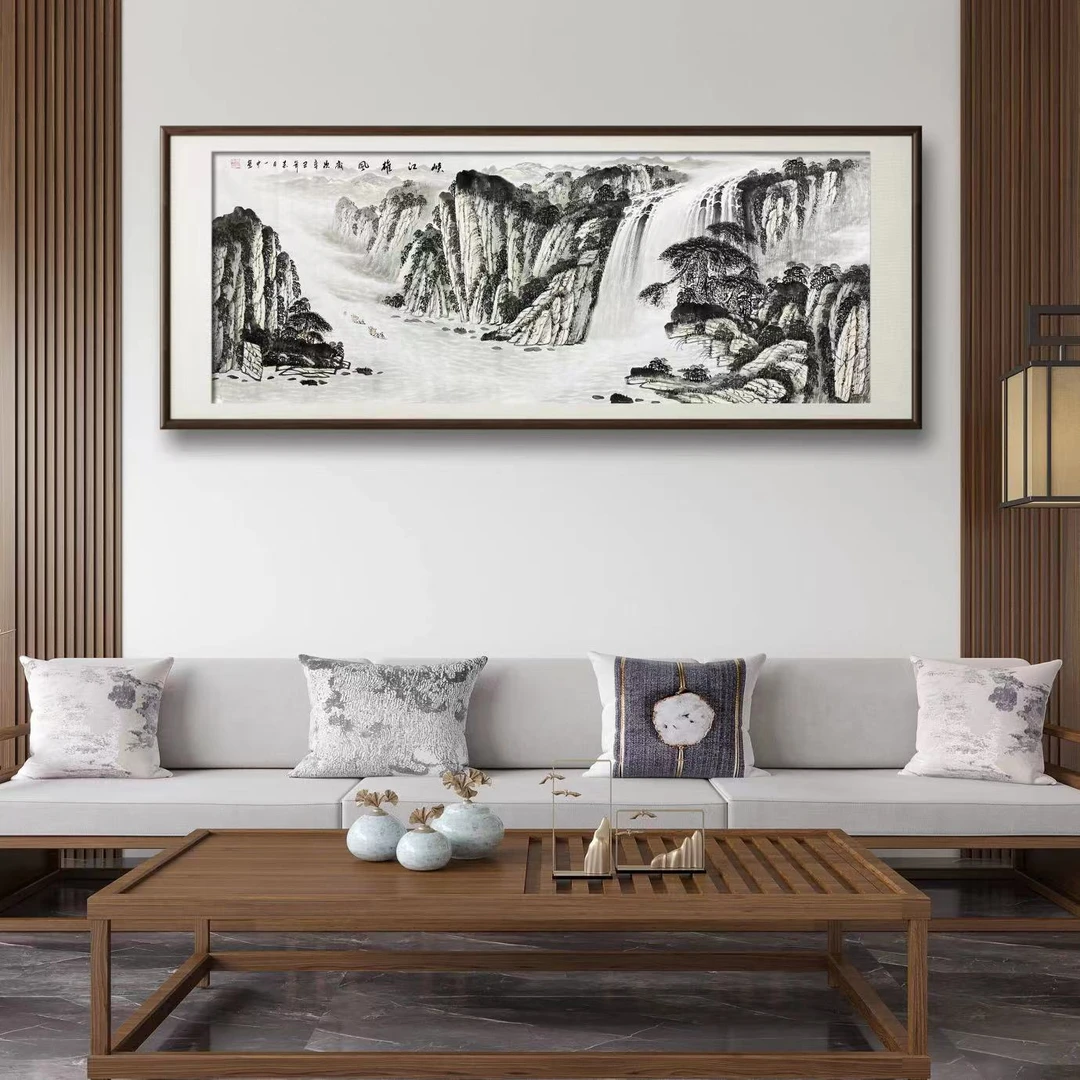 峡江雄风山水画芯尺寸178×69厘米横幅墨色山水客厅卧室文玩探宝