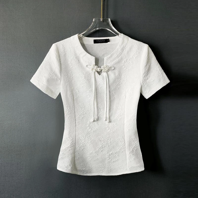 新中式短袖T恤女2024新款夏装正肩气质百搭长尾盘扣轻国风小衫潮