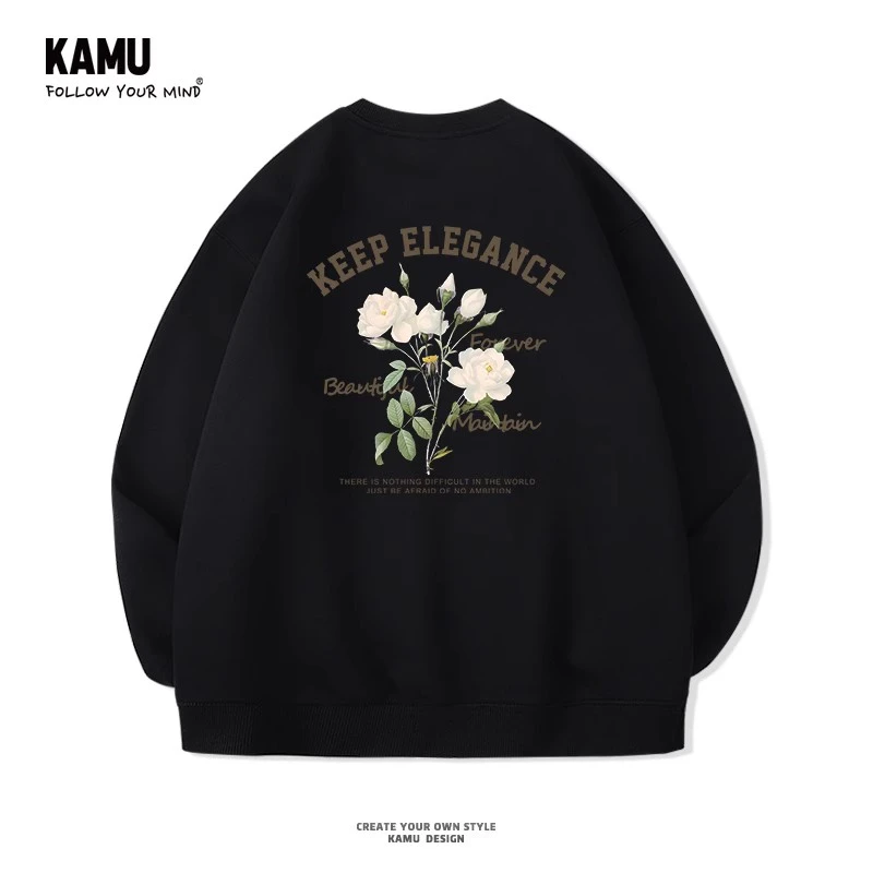 美式潮牌花卉复古圆领卫衣男士2025春秋款薄款无帽加绒外套上衣