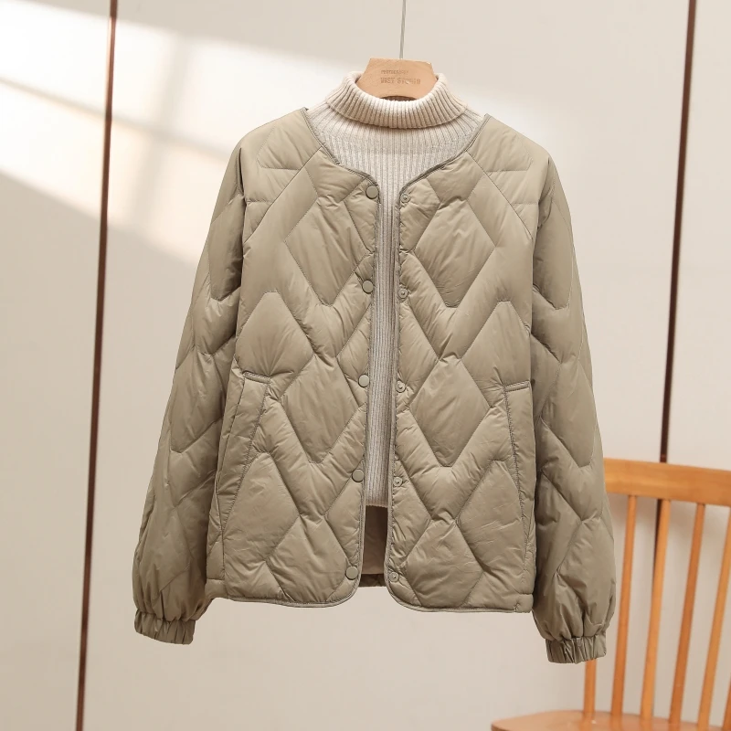 90白鸭绒轻薄羽绒服女短款2025新款秋冬小个子设计感圆领薄款外套