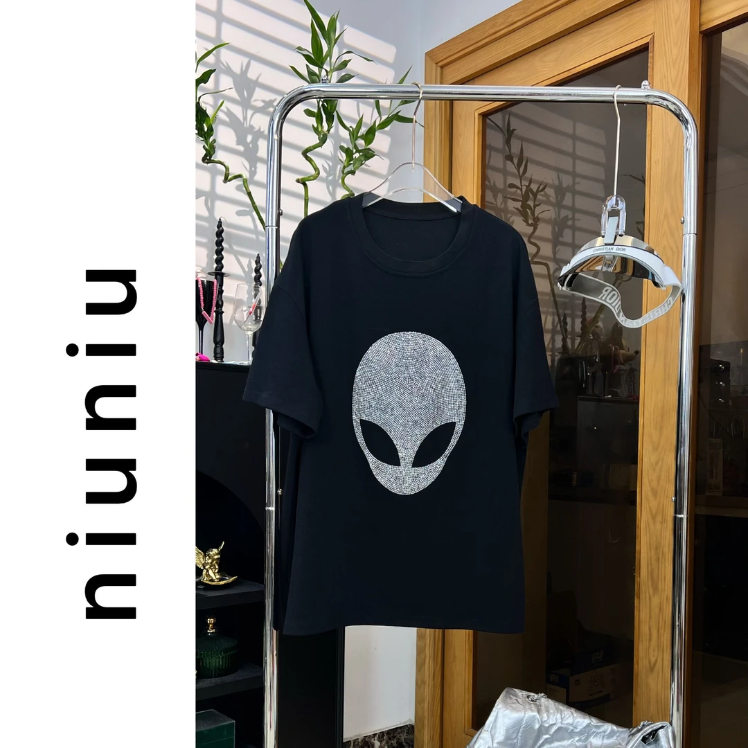 niuniu妞妞/黑色轻奢重工烫钻短袖女时尚休闲宽松圆领女士半袖