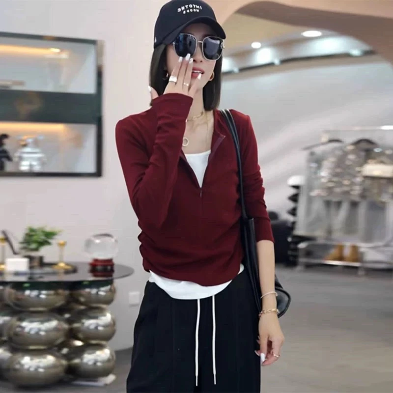 欧货时尚撞色拼接v领假两件T恤女2024早秋修身显瘦打底长袖上衣潮