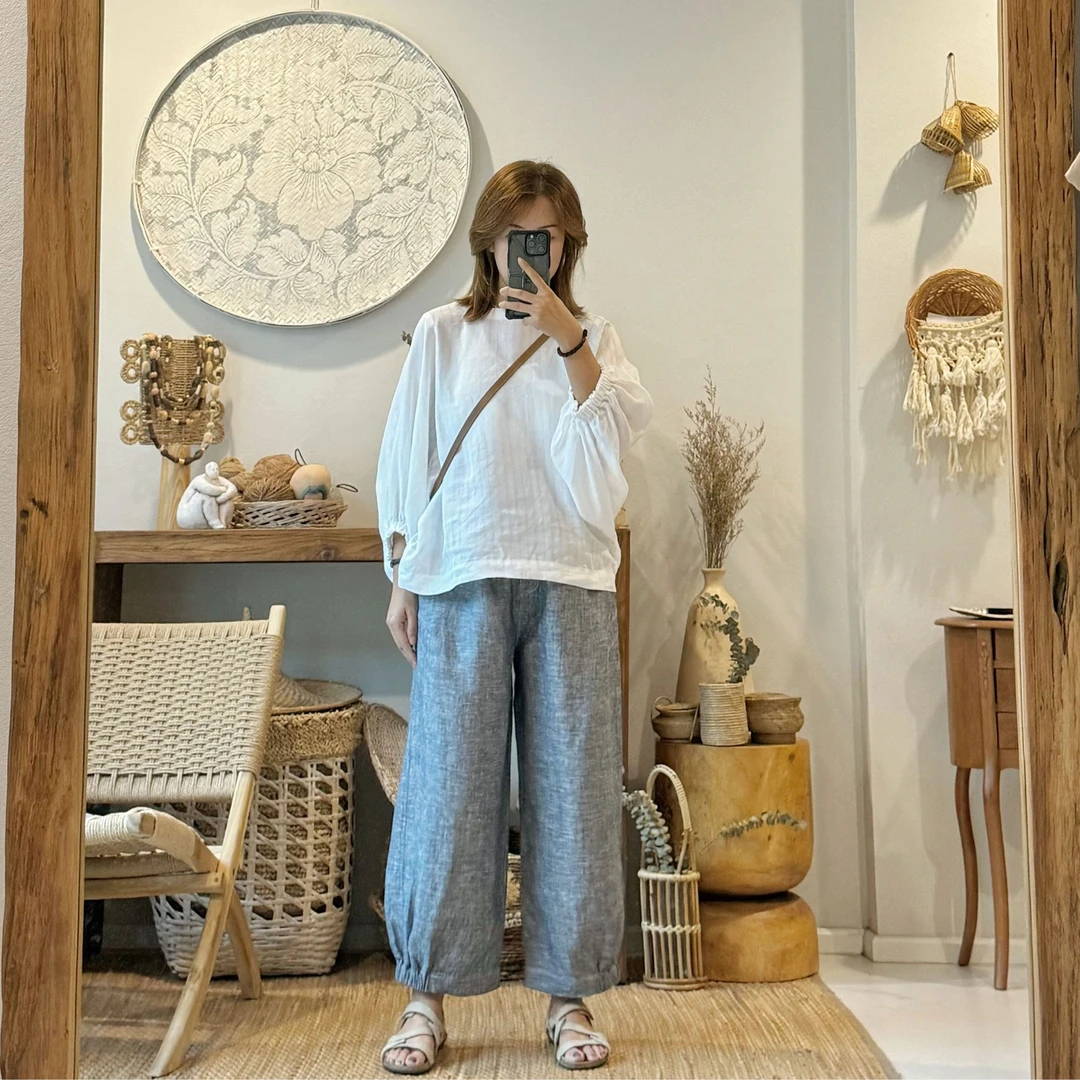 Taya 2024 Y46 预售泰国清迈直邮亚麻白色纹理圆领上衣