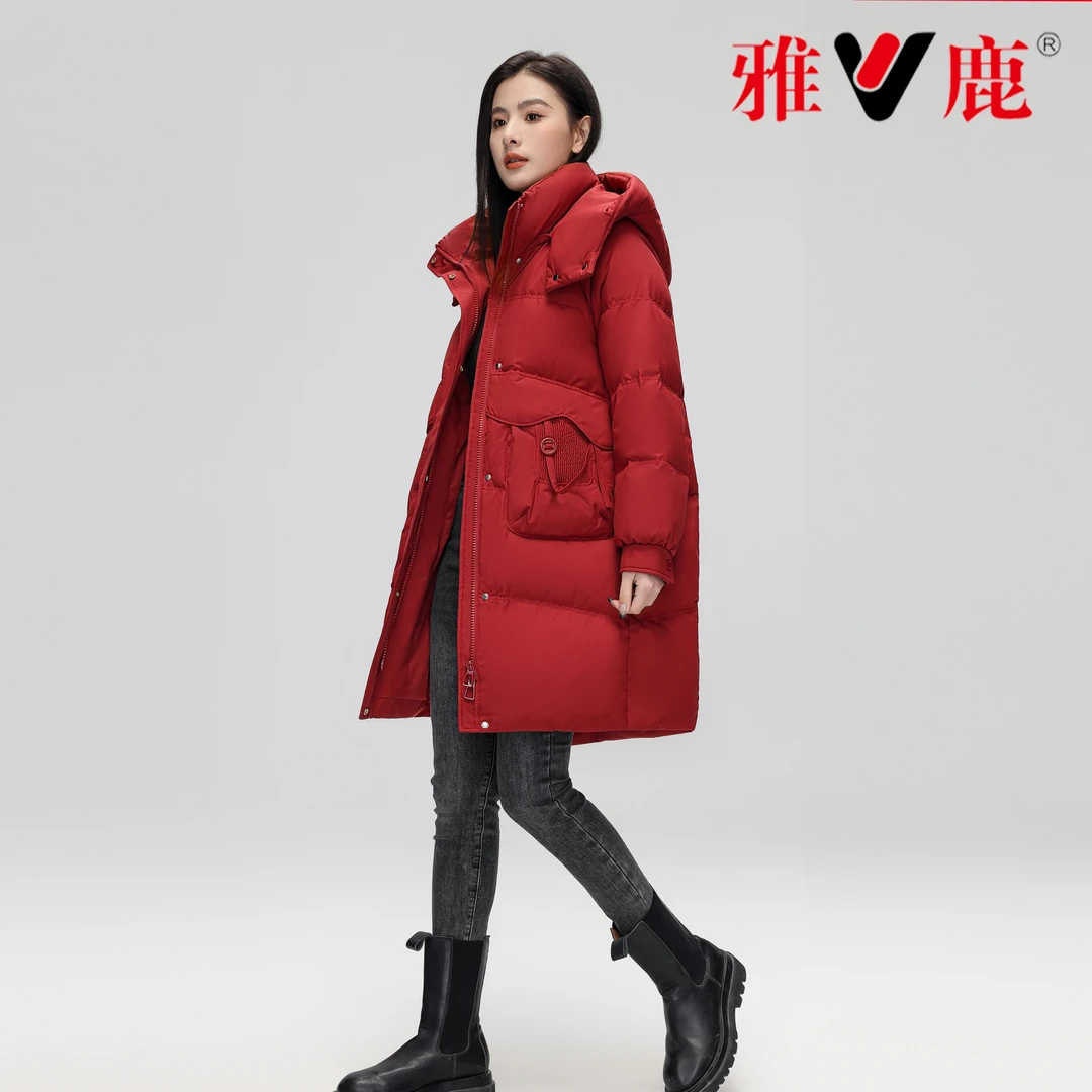 新品时尚女款百搭宽松版连帽加厚保暖冬季休闲防风90中长款羽绒服