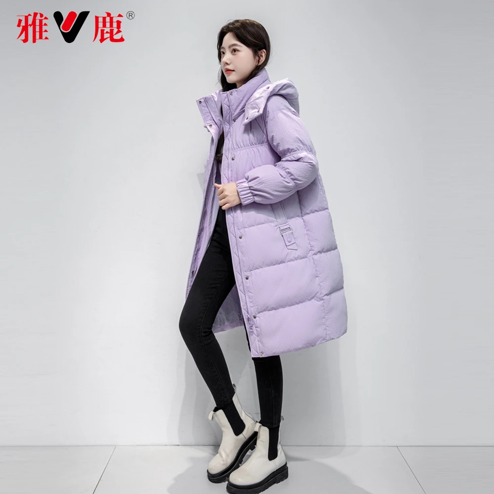 V/雅鹿连帽中长款加厚潮流保暖韩版时尚休闲百搭宽松纯色羽绒服