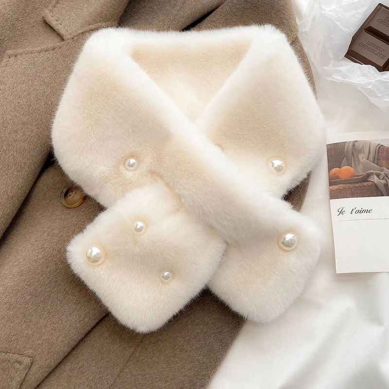 新款氛围感珍珠交叉围脖保暖加绒加厚护颈百搭毛毛围脖