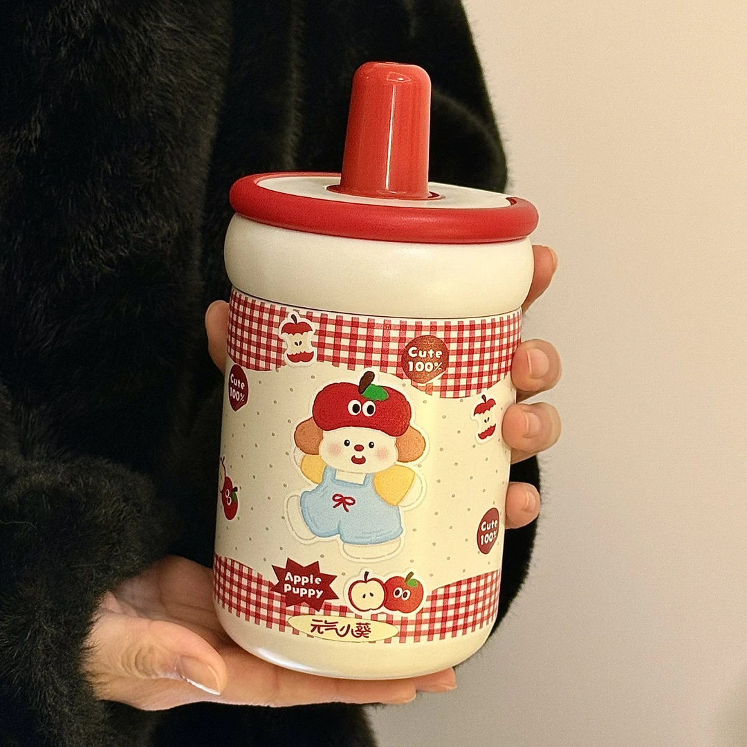 可爱苹果小狗吸管保温杯高颜值创意大容量防摔便携家用送礼水杯