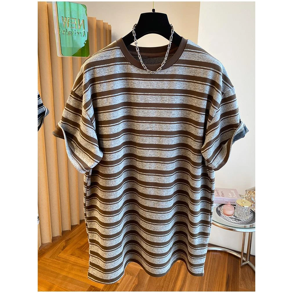 显白咖色条纹t恤女短袖夏季2024年新款薄款港风上衣宽松圆领体恤