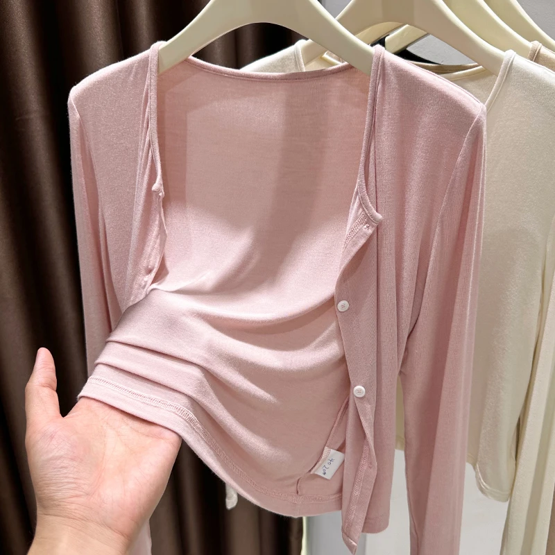 配连衣裙外搭粉色小披肩夏季软糯开衫短款防晒上衣设计感针织衫女