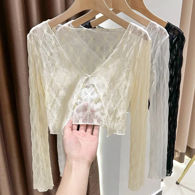 短款蕾丝开衫吊带裙外搭披肩罩衫夏季新款长袖防晒网纱薄款上衣