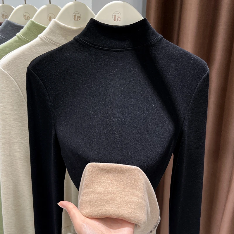 黑色长袖打底衫女款冬季加厚上衣简约半高领套头正肩内搭加绒小衫
