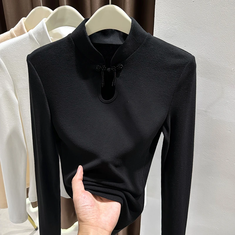 黑色德绒立领打底衫女爆款2025新款秋冬内搭长袖T恤盘扣镂空上衣