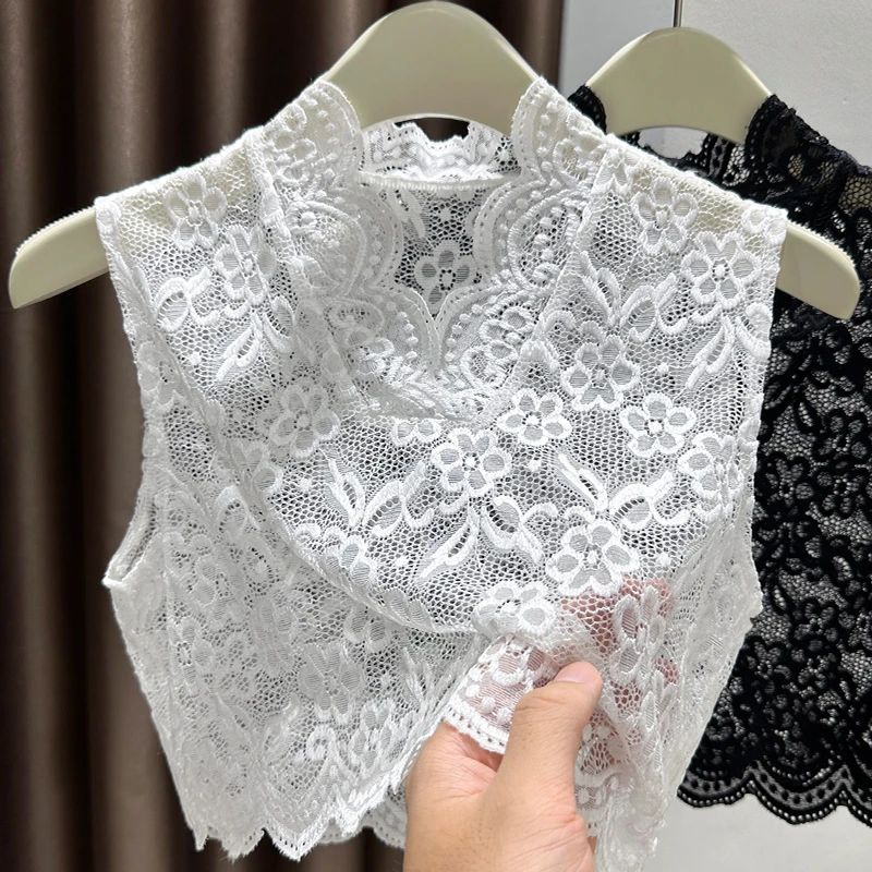 白色气质V领上衣内搭女春秋新款假领子背心波浪边无袖镂空蕾丝衫