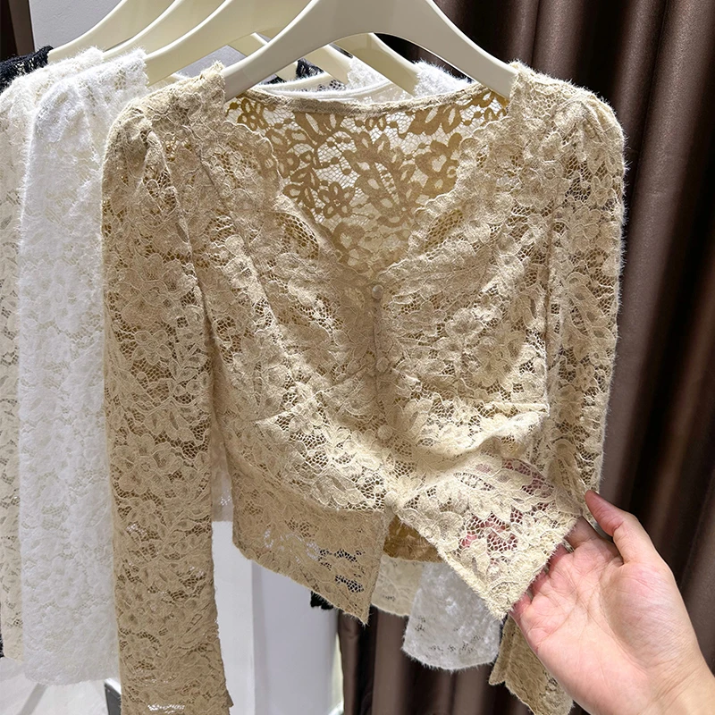 咖色设计感V领内搭女秋季爆款长袖上衣镂空高档磨毛蕾丝打底衫薄