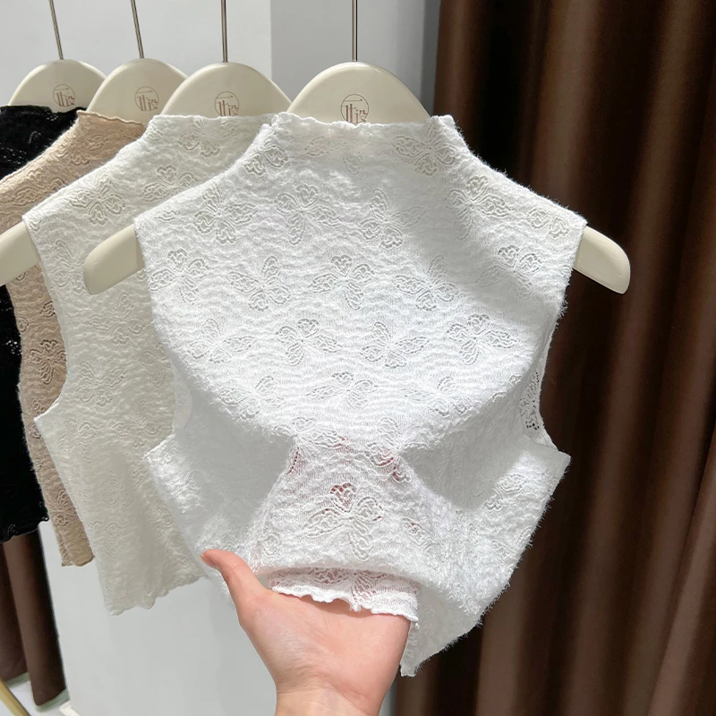 白色半高领蕾丝内搭上衣女秋冬新款无袖修身蕾丝打底衫高档假领子