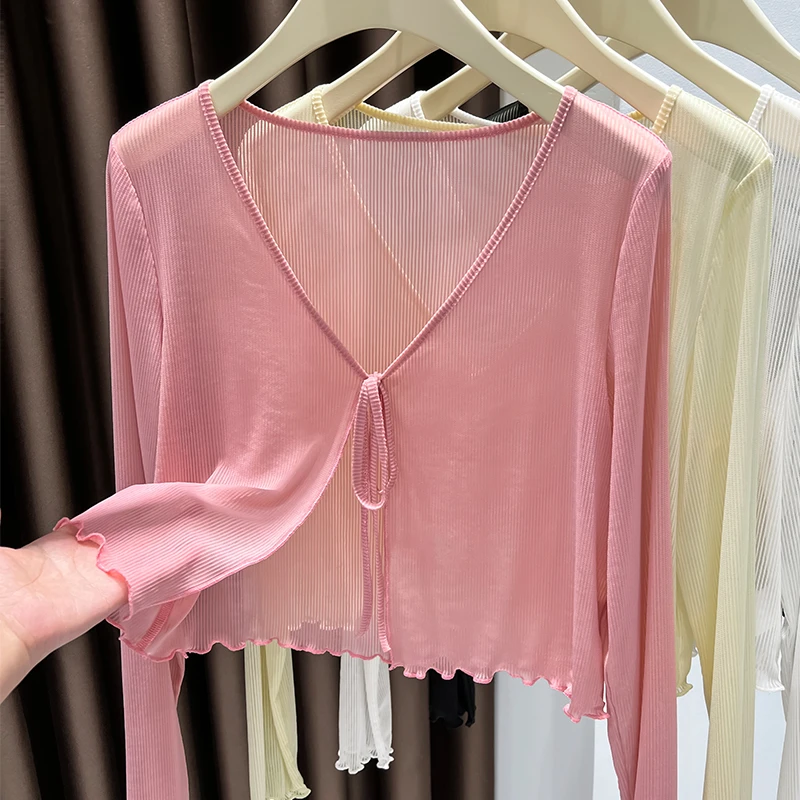 粉色V领系带防晒短外套女夏季新款吊带裙外搭宽松薄罩衫冰丝网纱