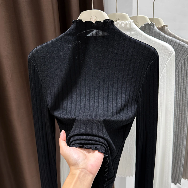 黑色半高领长袖上衣女秋冬新款设计感气质小衫薄款百搭修身打底衫