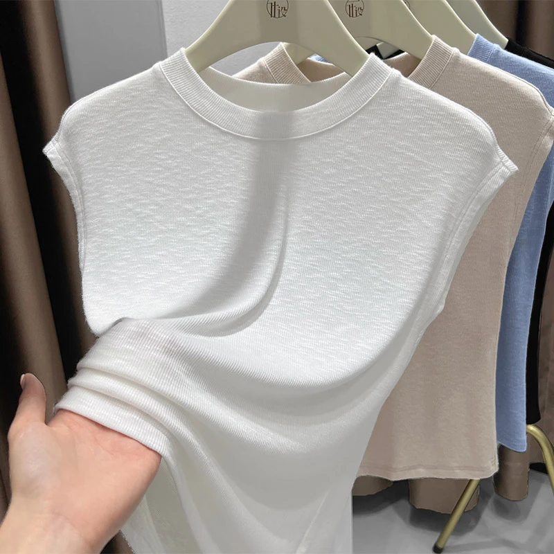 白色圆领插肩袖背心薄款无袖坎肩秋季新款洋气上衣内搭纯色打底衫