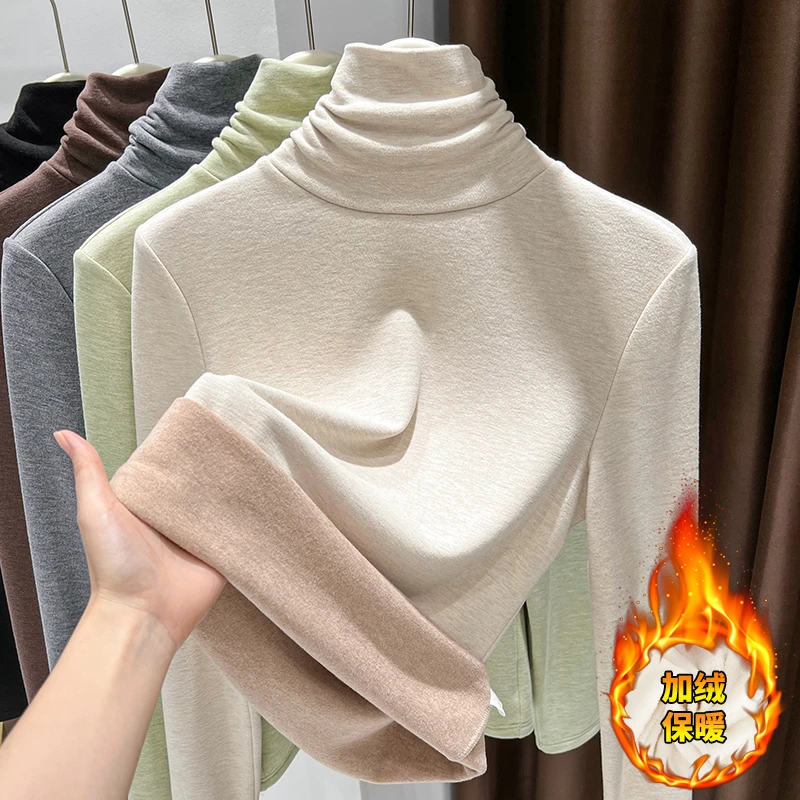 白色堆堆领德绒加厚T恤秋冬2025新款长袖修身打底衫百搭保暖上衣