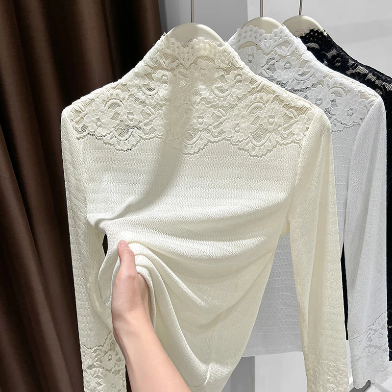 杏色洋气半高领内搭薄上衣春秋新款长袖小衫叠穿网纱蕾丝打底衫女