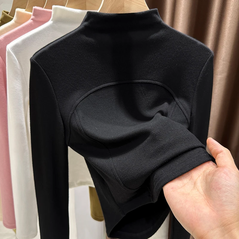 高级感黑色德绒半高领打底衫女秋冬新款显瘦T恤修身长袖内搭上衣