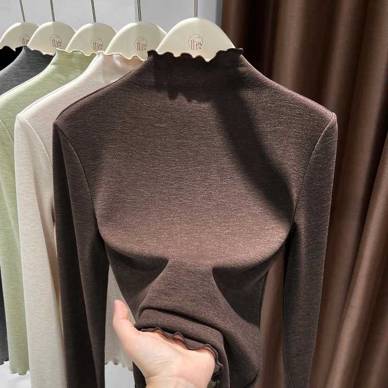 咖色德绒半高领打底衫薄款2025新款秋冬保暖上衣内搭洋气修身小衫