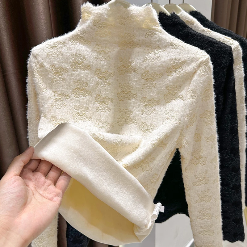 杏色磨毛蕾丝打底衫秋冬爆款半高领长袖上衣加绒加厚修身洋气小衫