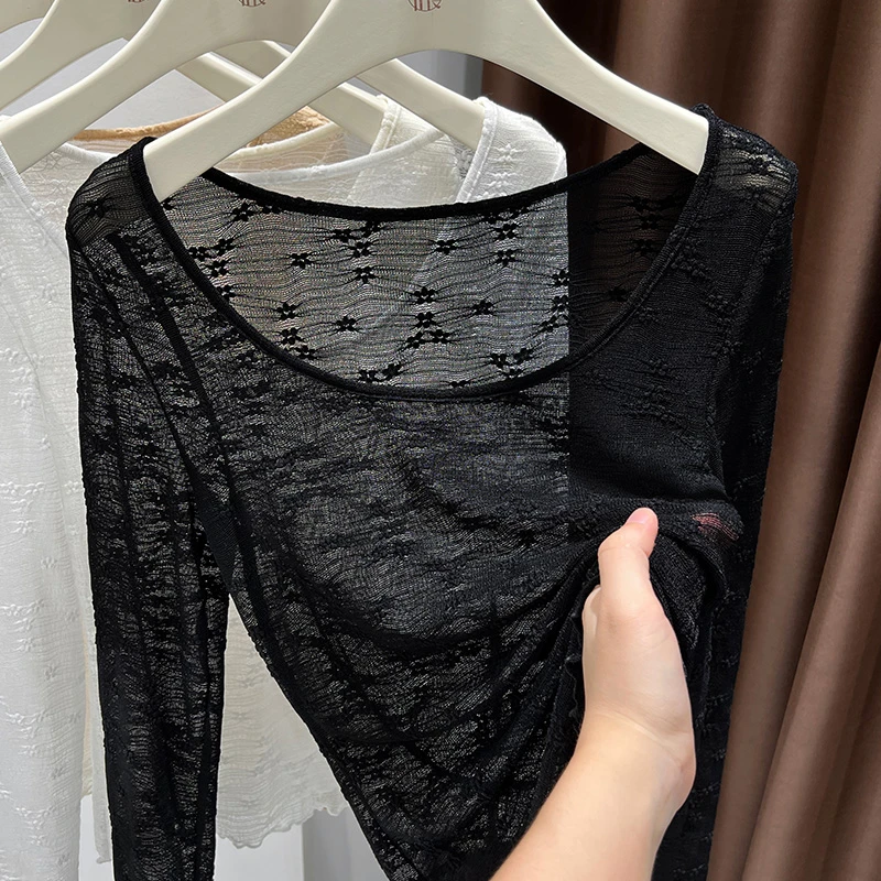 黑色长袖网纱上衣女2024秋季新款修身蕾丝打底衫薄款百搭镂空小衫