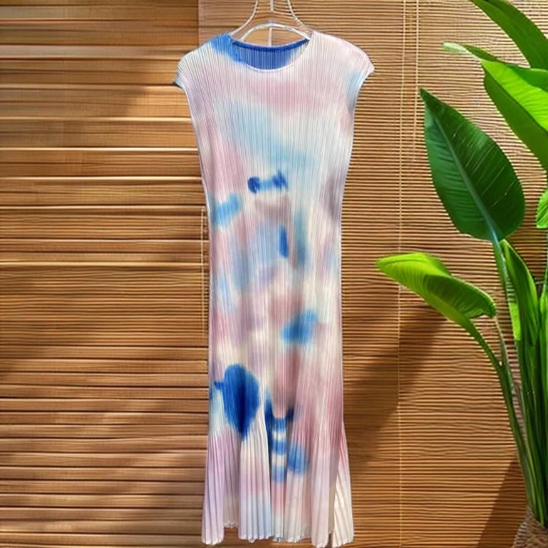 【D199】2024夏高端褶皱时尚显瘦印花扎染渐变清新气质修身连衣裙