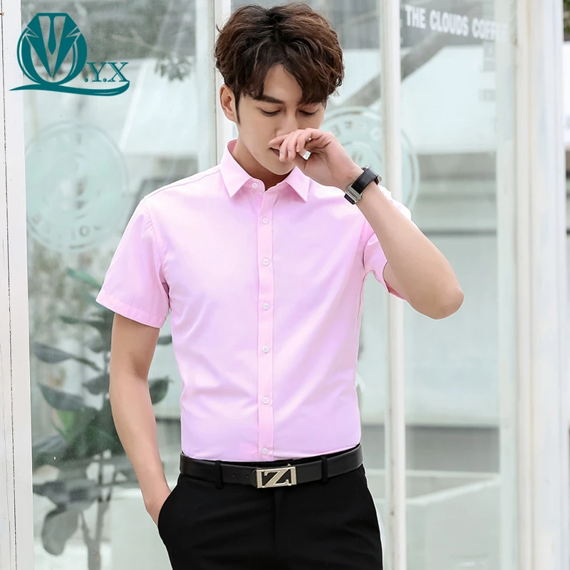 夏季纯色短袖衬衫男士修身款商务正装结婚粉色衬衣职业上班寸衫男