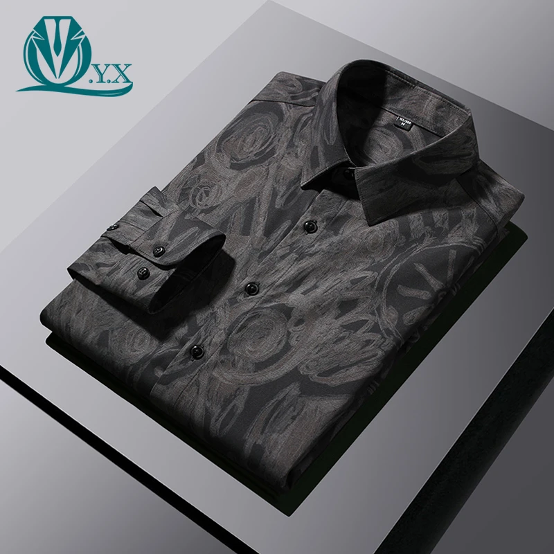 春秋季男士长袖印花衬衫潮流帅气痞帅花衬衣高档男款抗皱修身寸衫