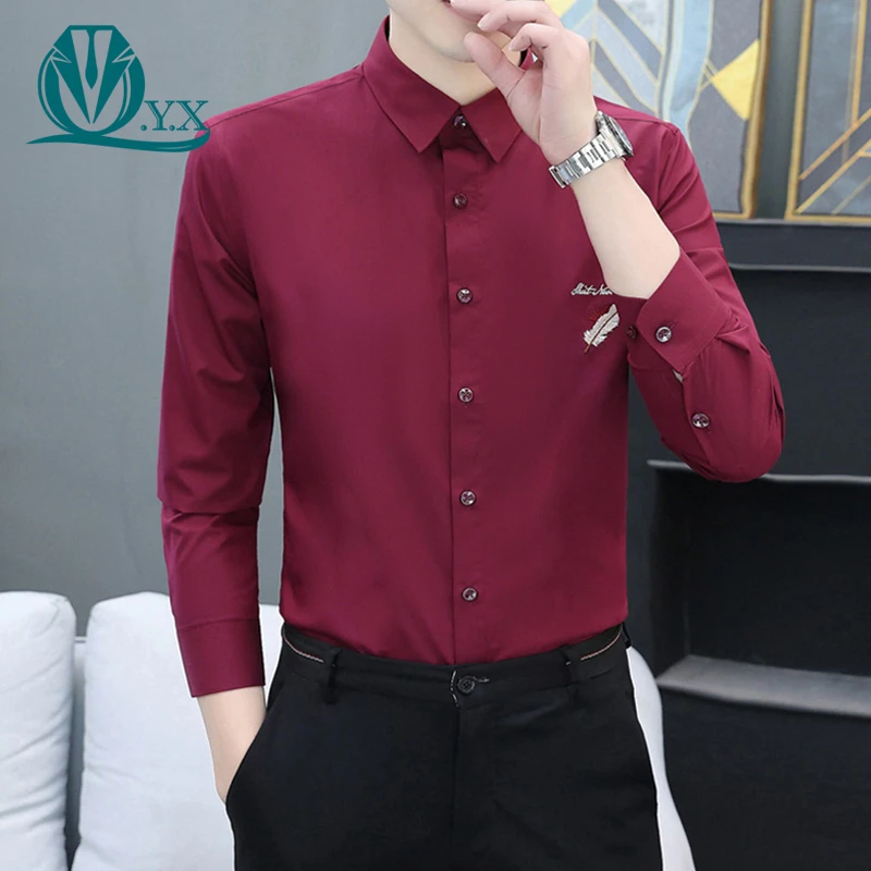 秋季男士酒红色衬衫韩版修身商务休闲衬衣男装长袖时尚痞帅寸衫潮