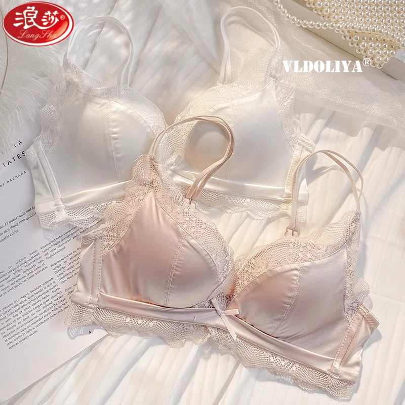 浪莎无痕缎面内衣女小胸显大胸纯欲聚拢无钢圈乳胶平胸美背文胸罩