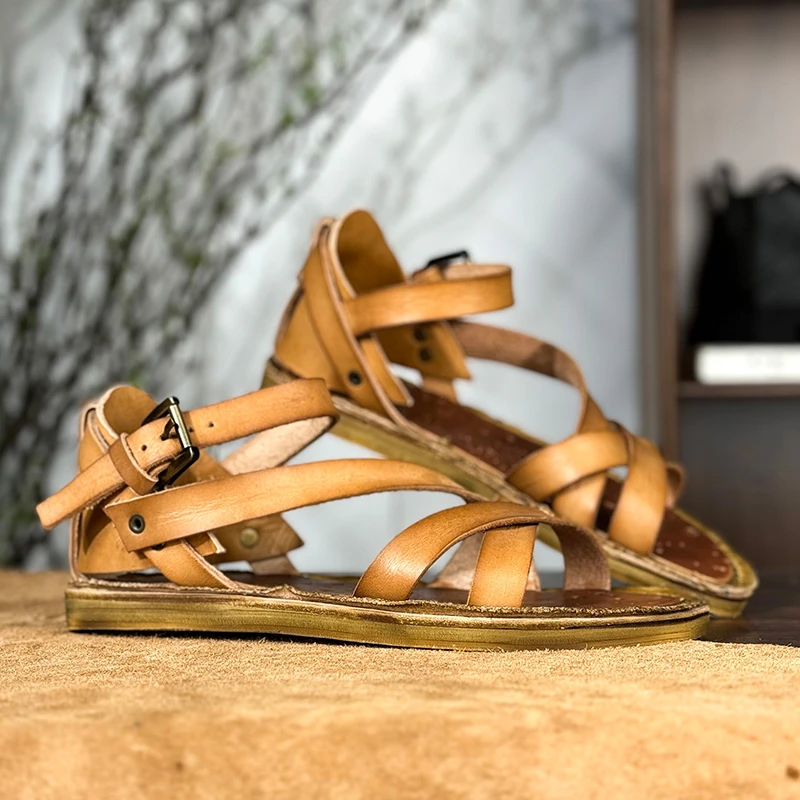 文艺日系罗马凉鞋植鞣牛皮手工编织美式复古工装凉鞋女户外穿平底