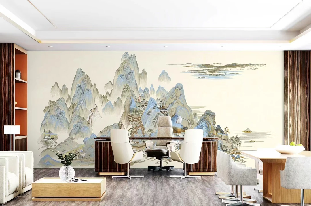 【新中式】千里江山图之独山玄关独绣背景 刺绣墙布蓝色灰色米色