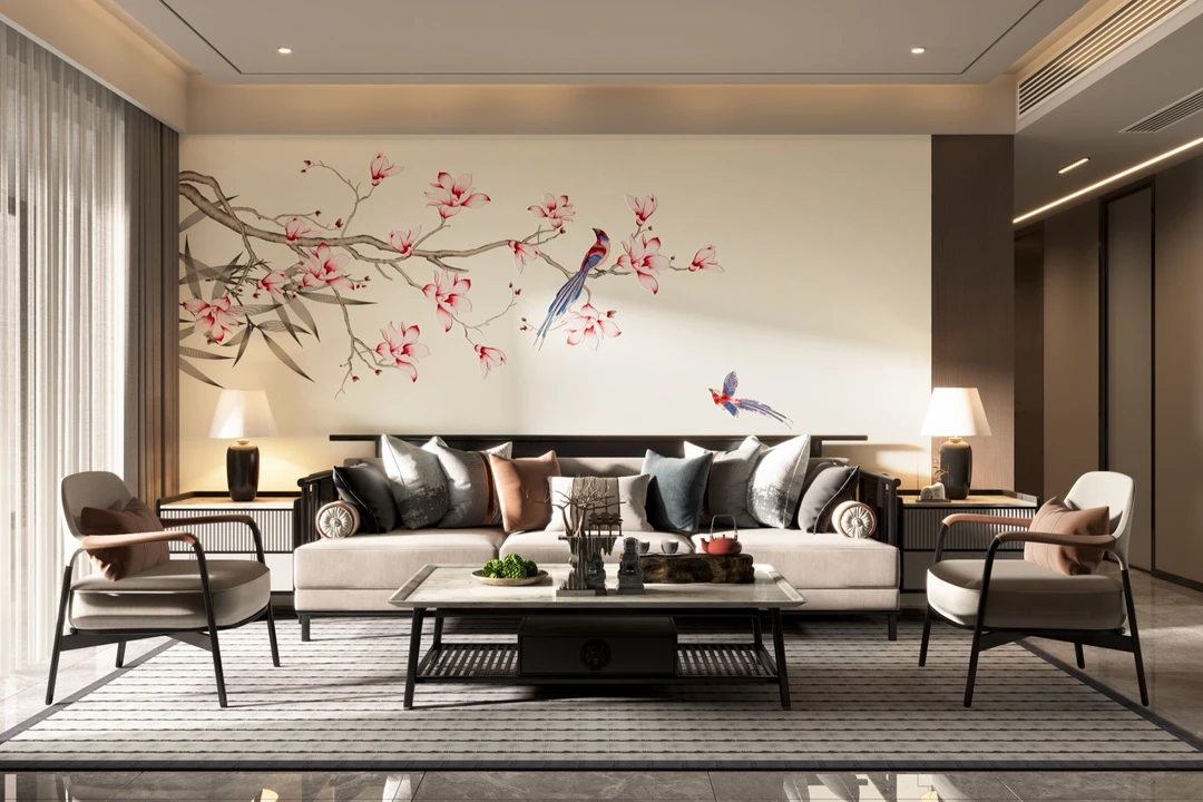 【新中式】雨露花鸣A国画独绣背景墙别墅家居墙布刺绣壁布