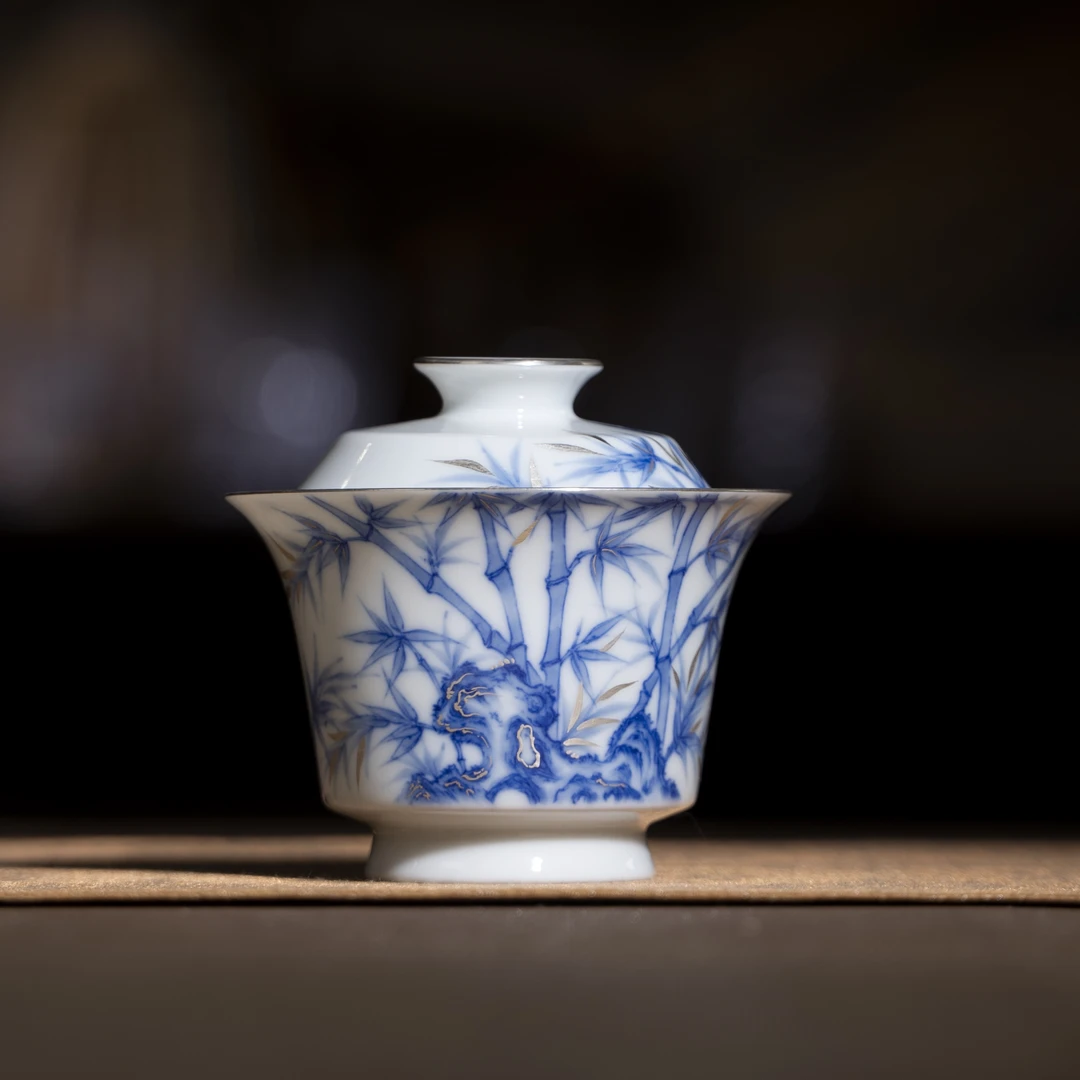 瓷语阁-赋春寻隐-青花描银竹石潇湘(竹子）-盖碗-纯手工