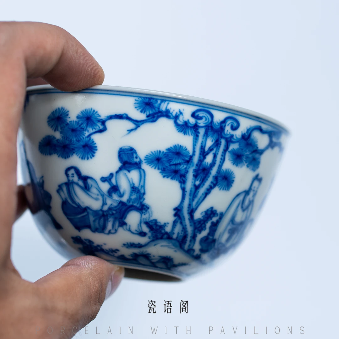 【瓷语阁】且斋格古-八仙醉酒大莲子杯--纯手工-青花-主人杯