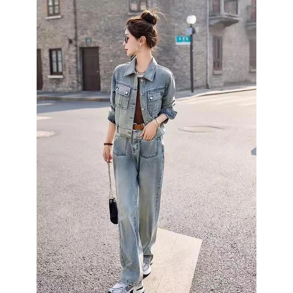 牛仔套装女2024夏季季新款洋气时尚休闲潮流上衣宽松显瘦长裤两件