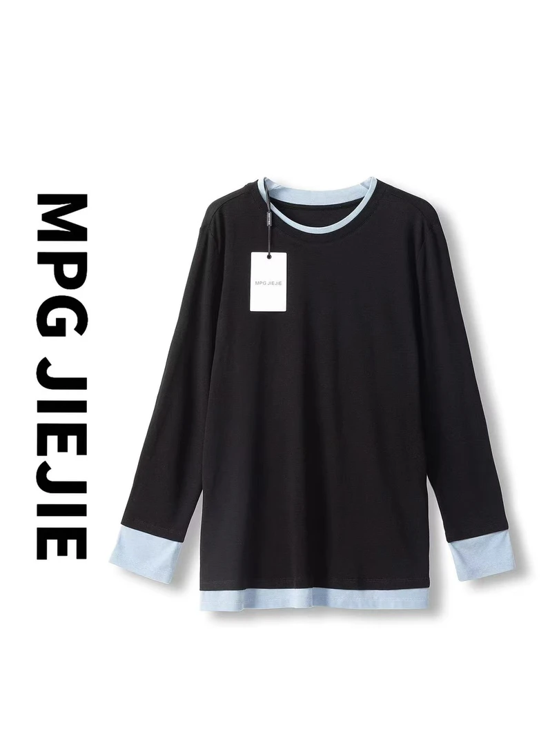 MPG JIEJIE【蔚蓝】大码拼接纯色黑蓝宽松百搭可外穿打底衫大码