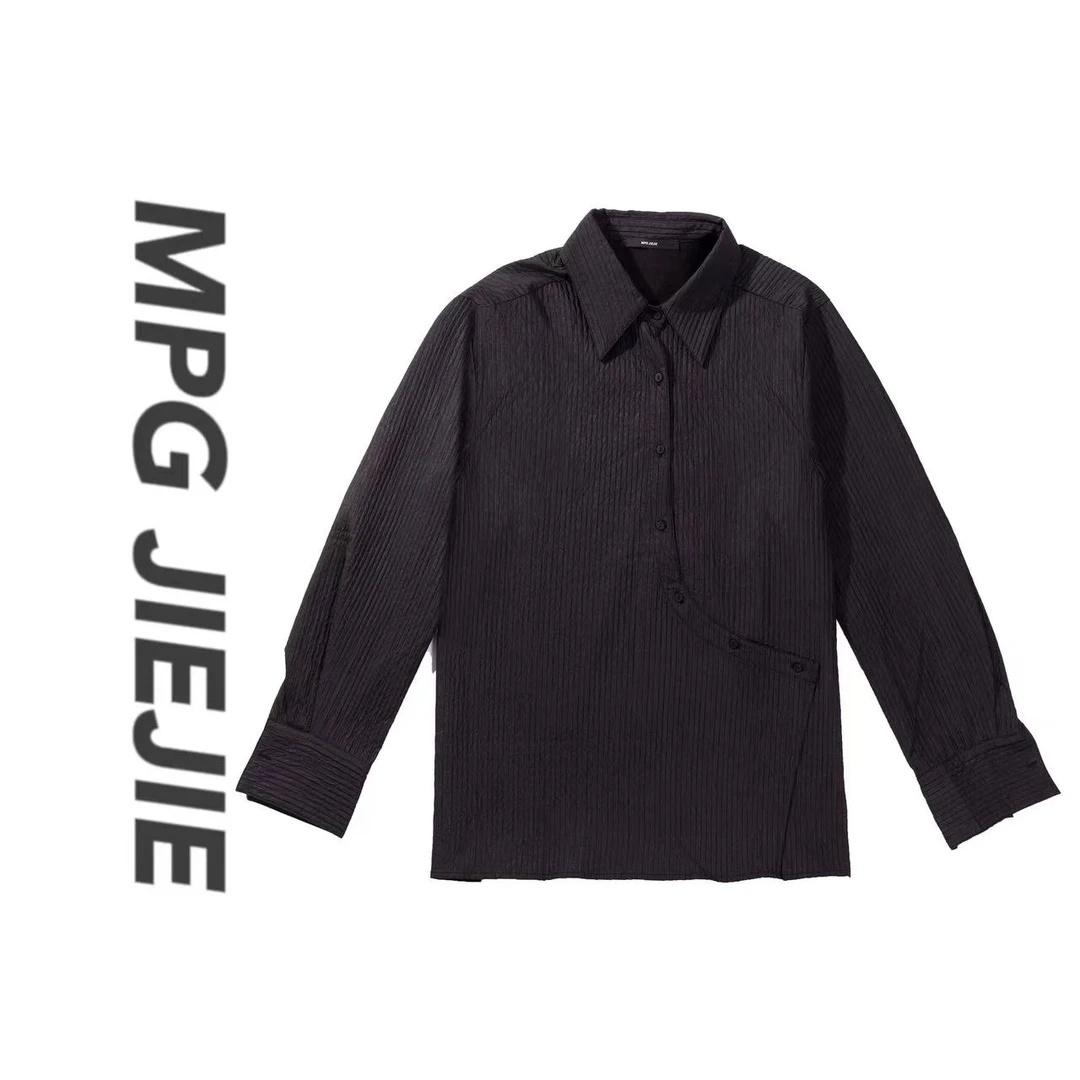 MPG JIEJIE【琉光细雨】25早春大码长袖打底休闲设计感条纹翻领衬衣