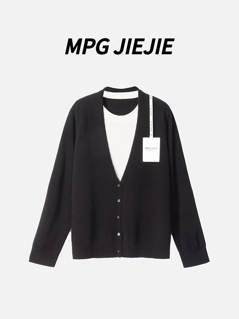 MPG JIEJIE【时光独白】大码冬季穿搭黑白拼接假两件长袖针织衫